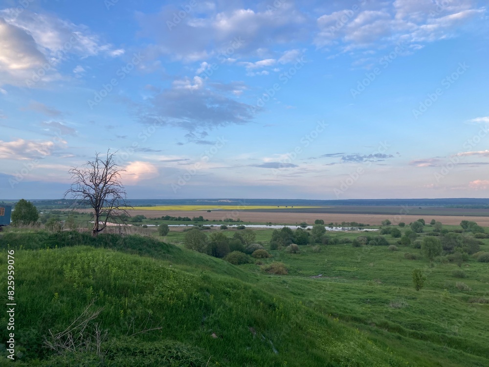 Obraz premium Fresh green valley with blue sky and river for creation of banners about country life, concept of healthy lifestyle and environmental friendly idea. Spring time mood background. Yellow rape field.