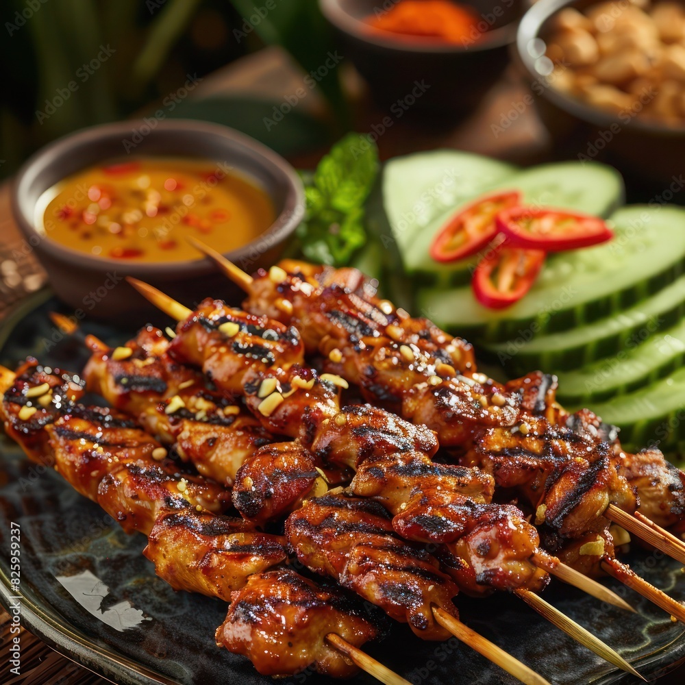 a sumptuous serving of indonesian chicken satay well marinated with secret herbs and spices, served along side a serving of sliced cucumber and peanut sauce