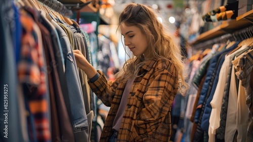 woman is choosing clothes in a clothing store