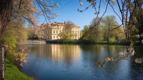 Baroque-Style Palace by a Calm River with Spring Blossoms