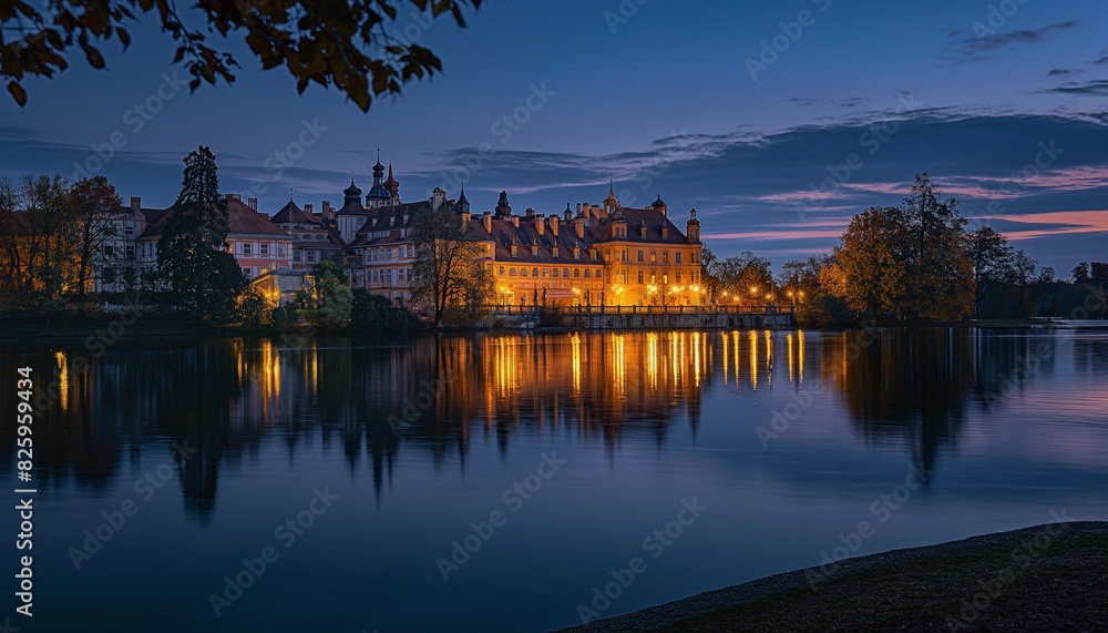 Twilight Reflections of a Lit Historical Palace on the River