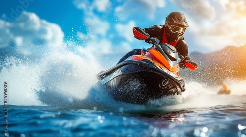 Exciting image of a person riding a jet ski on a sunny day, with splashes of water and a vibrant sky in the background. photo