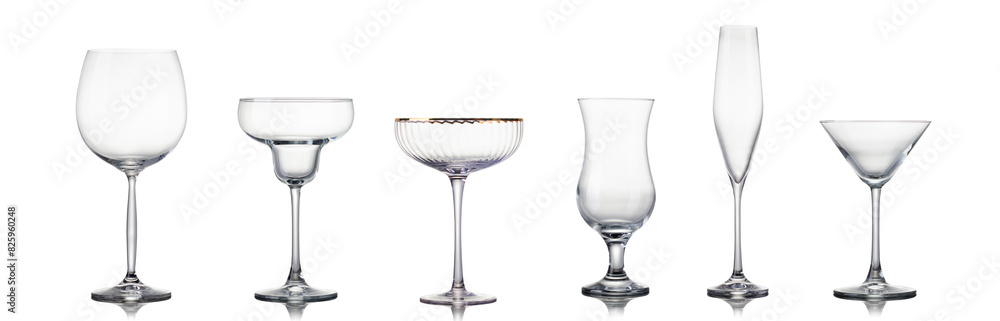 Set of different empty glasses for drinks and cocktails on white background Set of different empty glasses for drinks and cocktails on white background