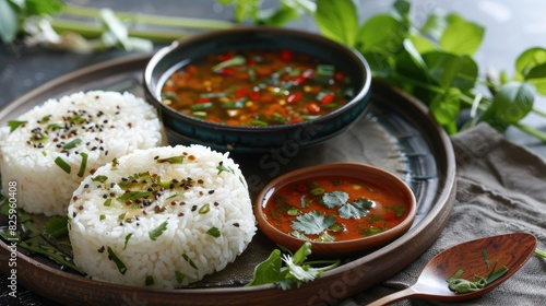 Steamed rice cakes with lentil soup and coconut dip