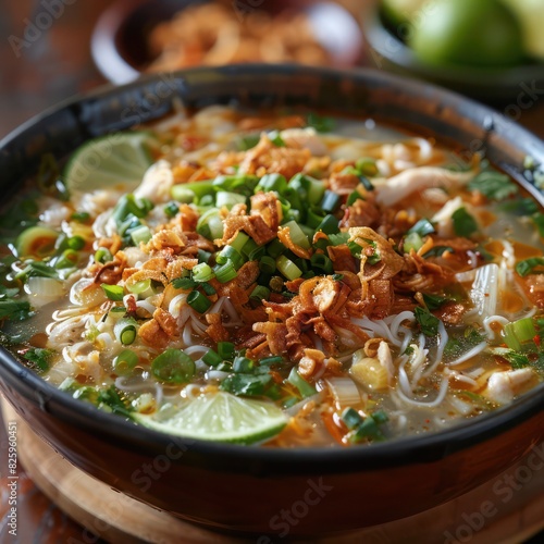 a delicious delicacy from indonesia, soto madura, madura chicken soup, loaded with fresh chicken strips, special chicken broth, infused with herbs and spices ready to be devoured photo