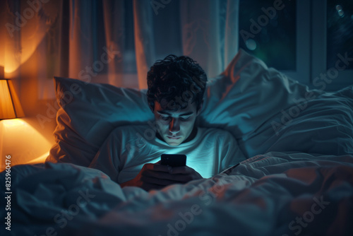 A man is lying in bed and looking at his phone. The room is dimly lit, and the man is focused on his phone. Scene is somewhat lonely and introspective
