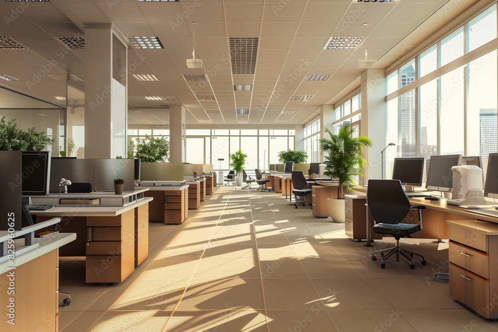 A large open office space with a lot of natural light and plants. The space is designed to be functional and comfortable for employees A large open office space with a lot of natural light and plants. The space is designed to be functional and comfortable for employees