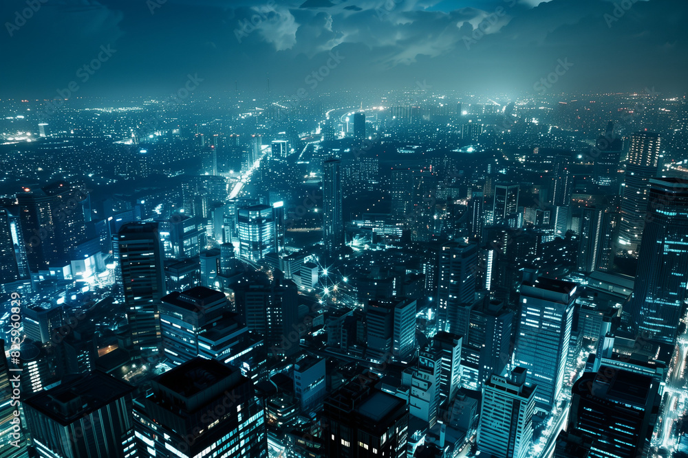 City Skyline at Night: Aerial View of Illuminated Skyscrapers City Skyline at Night: Aerial View of Illuminated Skyscrapers