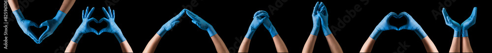 Obraz premium Doctor's hand in sterile medical gloves showing gesture or something on black