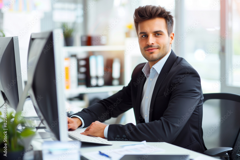 A man with a beard is sitting at a desk with a computer monitor in front of him