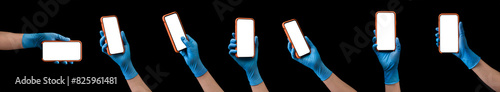 Doctor's hand in medical gloves holding phone isolated on black