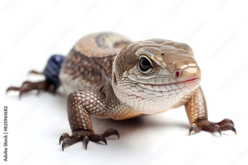 Fototapeta premium Captivating Close up of a Blue Tongued Skink Reptile on a Clean White Background