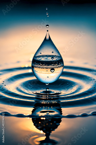 A macro shot captures a clear droplet, splashing into a ripple of liquid, creating a mesmerizing abstract image of nature's purest form photo