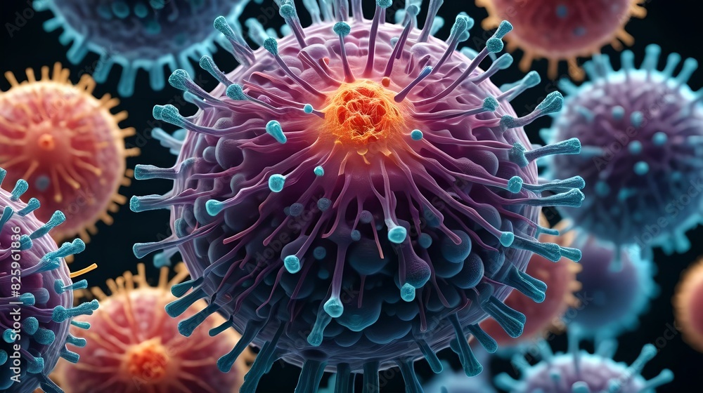 Ultra-magnified bright virus particles under a microscope combine scientific precision, realism and detail, suitable for medical textbooks and educational purposes. Ultra-magnified bright virus particles under a microscope combine scientific precision, realism and detail, suitable for medical textbooks and educational purposes.