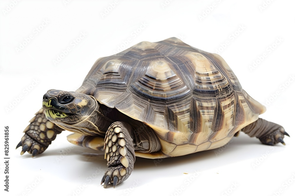 Detailed Close Up Shot of Resilient Russian Tortoise on Plain White Background Detailed Close Up Shot of Resilient Russian Tortoise on Plain White Background