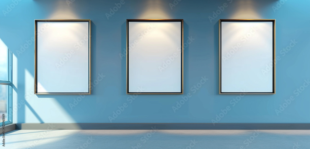 Modern art space with three blank frames on a sky blue wall, evenly illuminated, 3D rendering Modern art space with three blank frames on a sky blue wall, evenly illuminated, 3D rendering