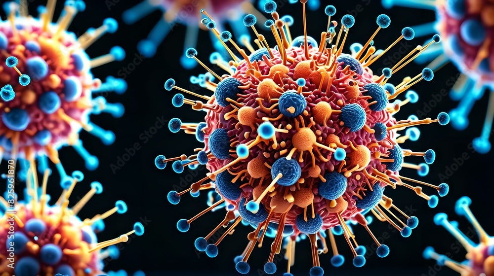 Ultra-magnified bright virus particles under a microscope combine scientific precision, realism and detail, suitable for medical textbooks and educational purposes. Ultra-magnified bright virus particles under a microscope combine scientific precision, realism and detail, suitable for medical textbooks and educational purposes.