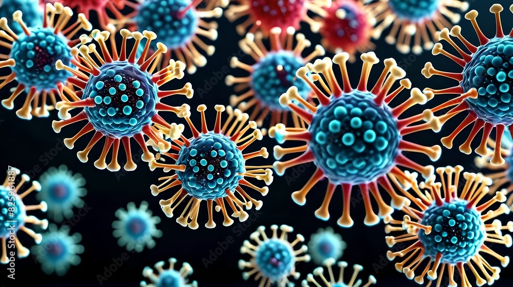 Ultra-magnified bright virus particles under a microscope combine scientific precision, realism and detail, suitable for medical textbooks and educational purposes. Ultra-magnified bright virus particles under a microscope combine scientific precision, realism and detail, suitable for medical textbooks and educational purposes.