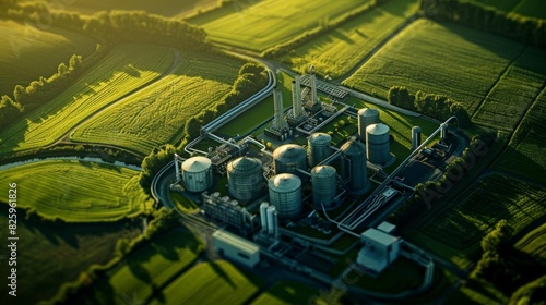 Biomass energy production theme top view showing biomass power plants surrounded by green fields cybernetic tone Tetradic color scheme photo