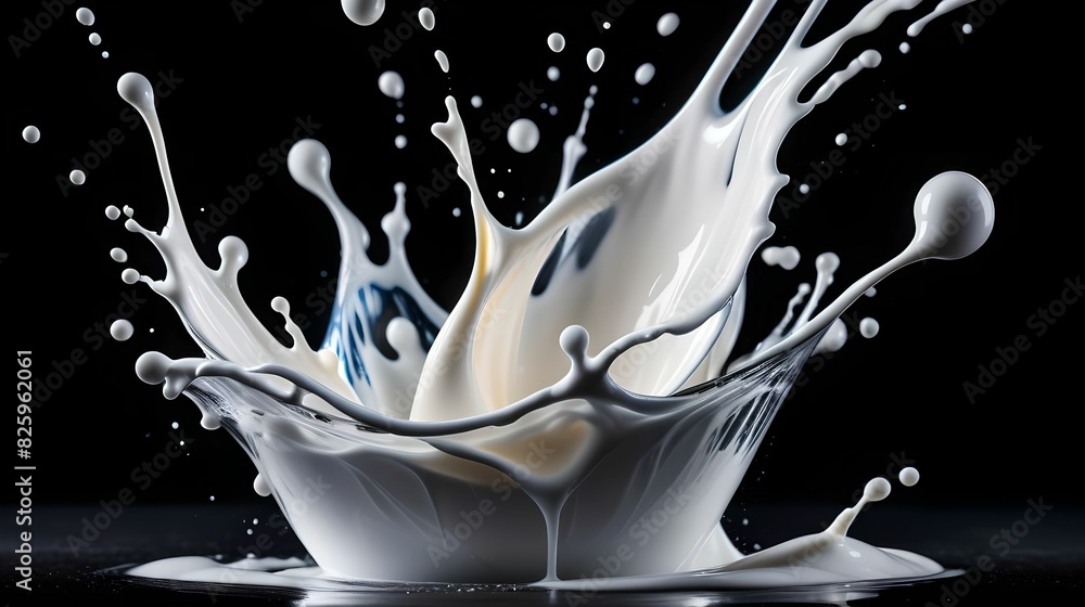 The vibrant image of splashes of milk frozen in time against a sleek ...