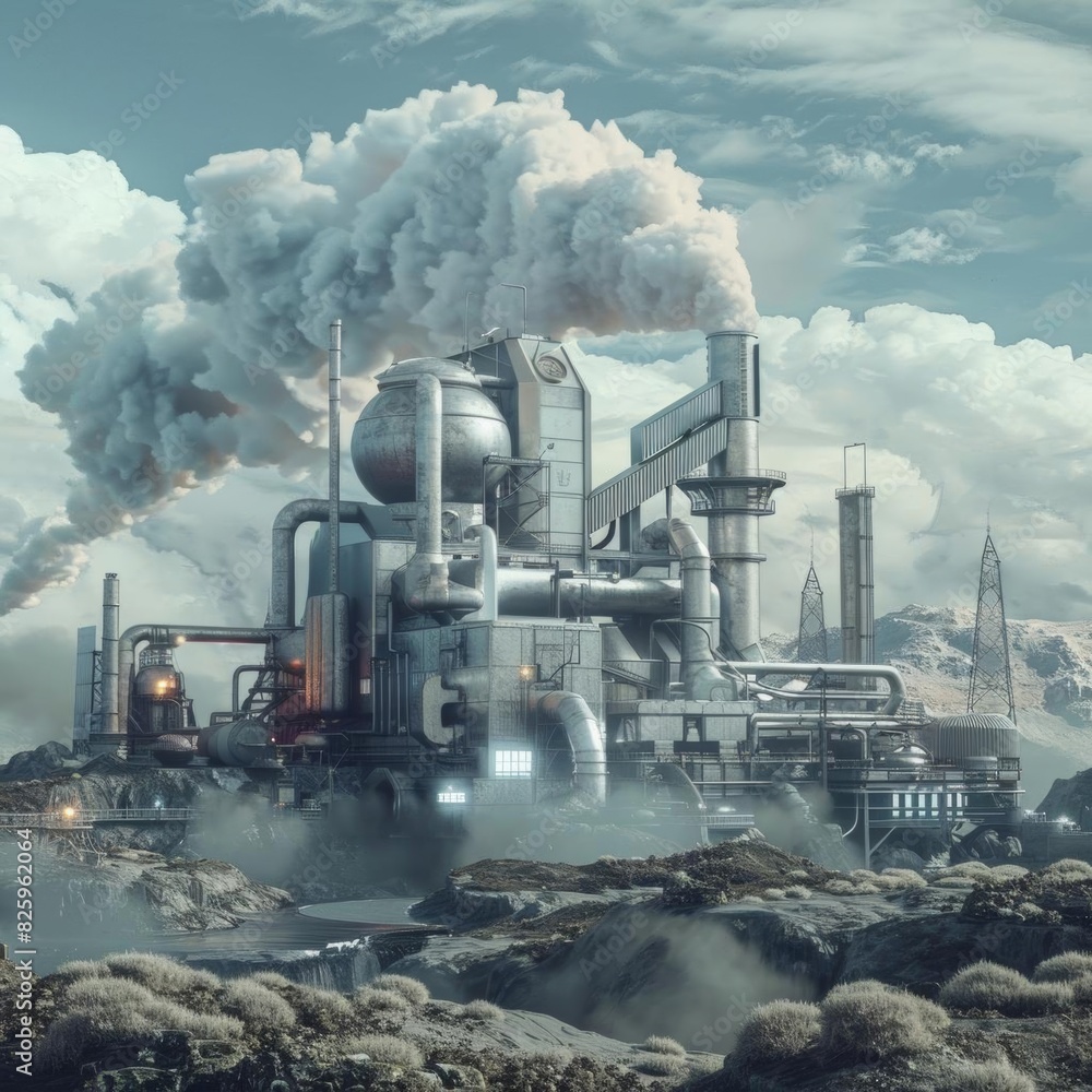 Geothermal energy on Earth theme front view featuring geothermal power plants and steam vents robotic tone Monochromatic Color Scheme