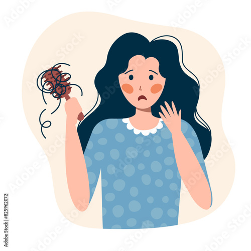 Girl losing her hair, vector illustration, hand drawn.