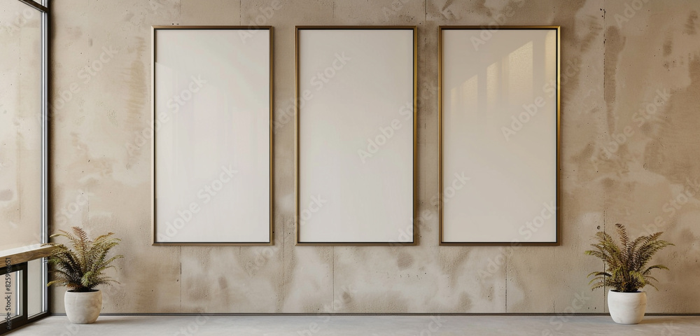Three vertical frames mockup hanging on office wall, champagne beige walls, modern concrete company interior, 3D rendering, Three vertical frames mockup hanging on office wall, champagne beige walls, modern concrete company interior, 3D rendering,