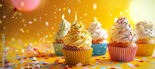 A lively birthday backdrop showcasing a mix of colorful cupcakes  candles  and confetti on a golden-yellow gradient background