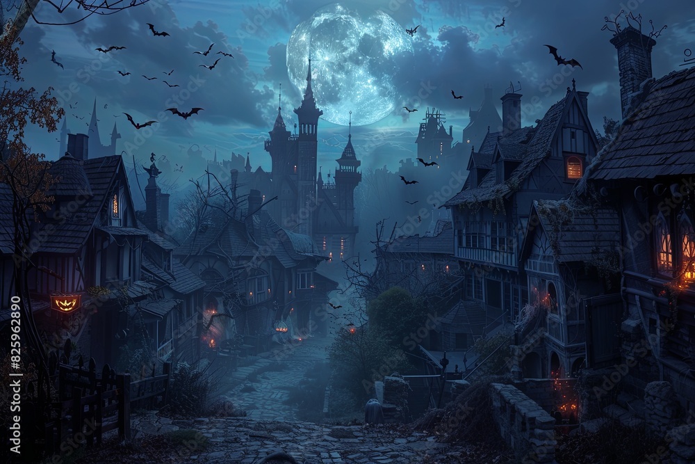 village with ghostly houses and a cobblestone street leading up to a sinister castle, framed by a full moon and bats swirling above. Holiday event Halloween banner background concept.