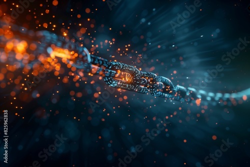 Binary code chains breaking apart in a dramatic explosion, symbolizing liberation from digital constraints and the transformative power of cryptography  photo