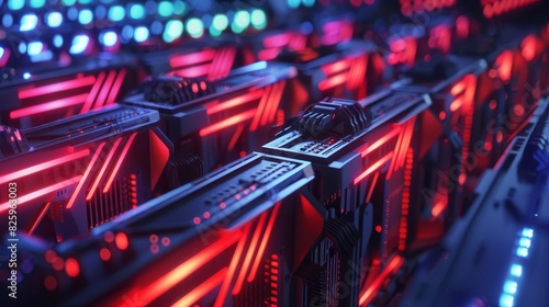 Cryptocurrency mining farm with rows of powerful computers, intricate details and vibrant lighting, ultrarealistic