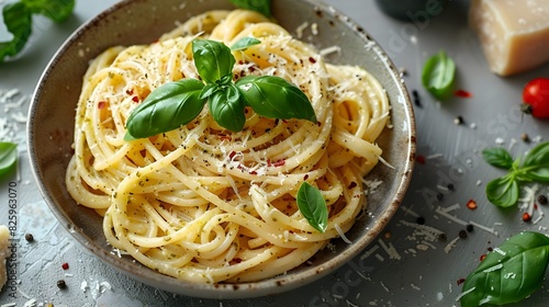 Freshly Prepared Spaghetti Pasta with Basil Leaves Parmesan Cheese and Olive Oil Served on a Rustic Wooden Plate