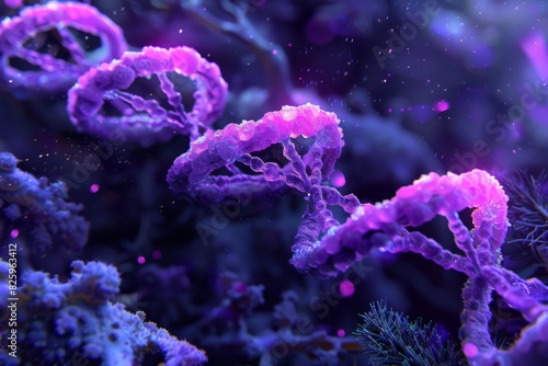 Purple DNA helix in a vivid underwater setting, illustrating the deep connections between marine biology and genetics © Leo
