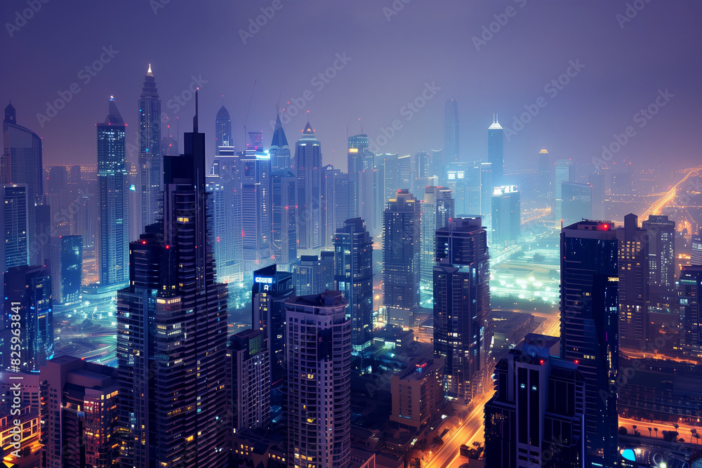 City Skyline at Night: Aerial View of Illuminated Skyscrapers City Skyline at Night: Aerial View of Illuminated Skyscrapers