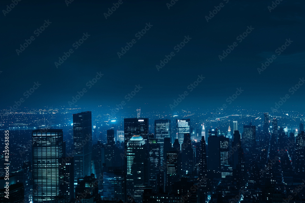 Obraz premium City Skyline at Night: Aerial View of Illuminated Skyscrapers