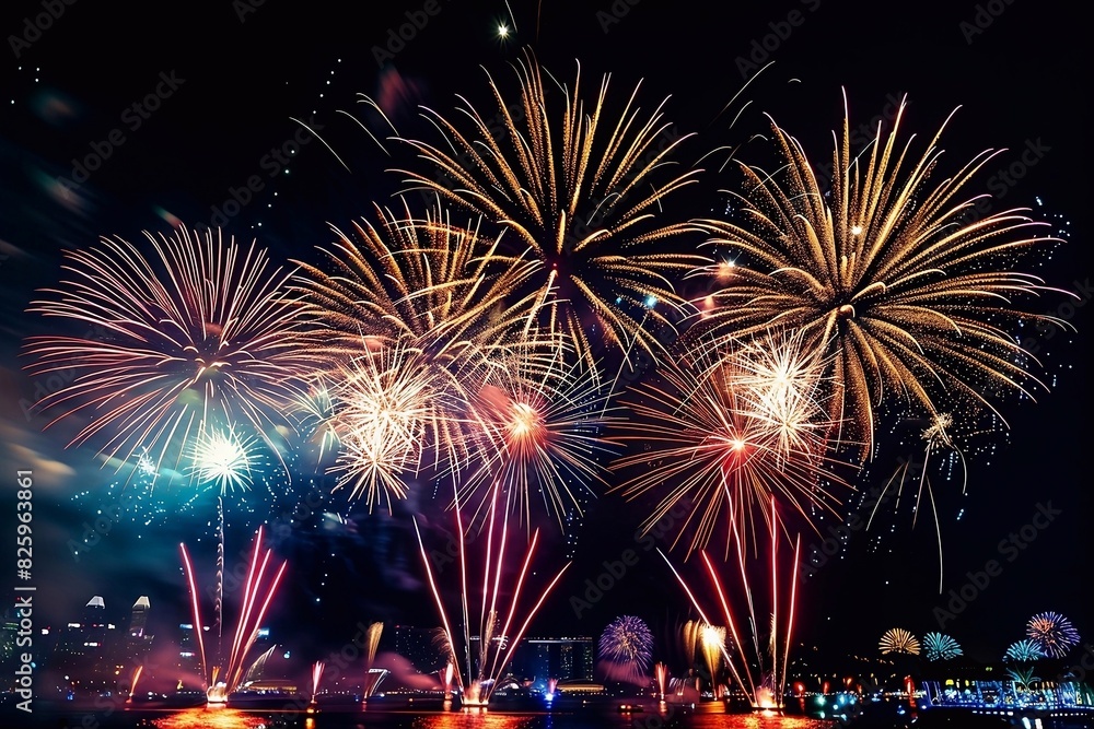 A fire show and fireworks against the night sky in celebration of Singapore Independence Day, conveying an atmosphere of celebration and joy. 