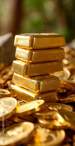 A pile of shiny gold bars and golden coins