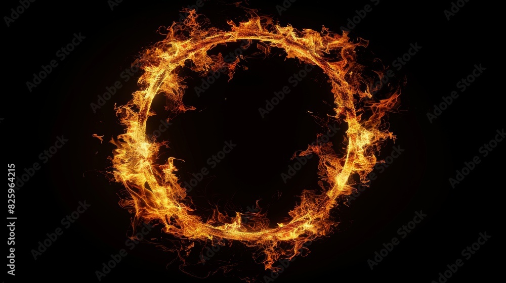 Intense fire ring, flames flickering dynamically, solid black background, stark contrast, highlighting the vivid blaze Intense fire ring, flames flickering dynamically, solid black background, stark contrast, highlighting the vivid blaze