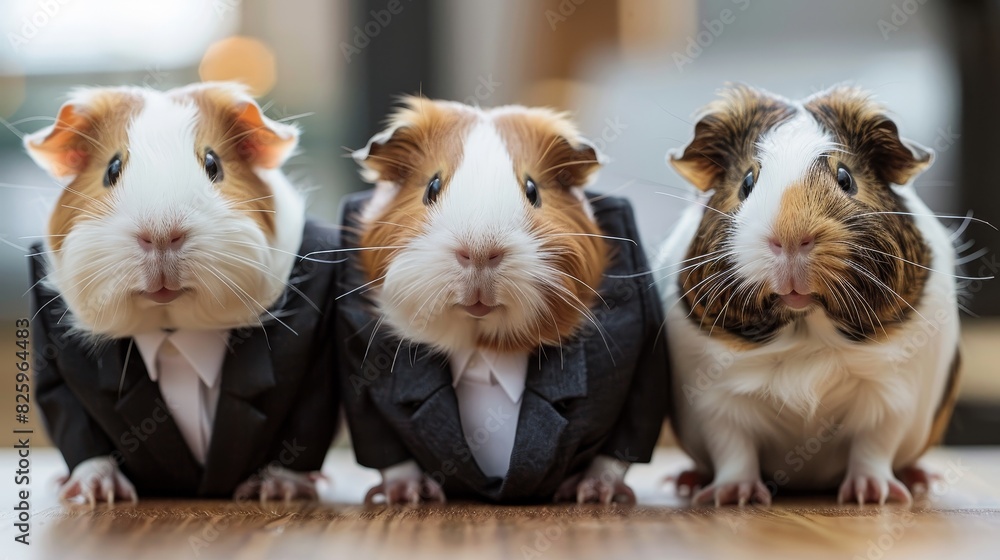Guinea pigs wearing business suits, sitting in a row, job interview setup, corporate office background, serious and focused Guinea pigs wearing business suits, sitting in a row, job interview setup, corporate office background, serious and focused