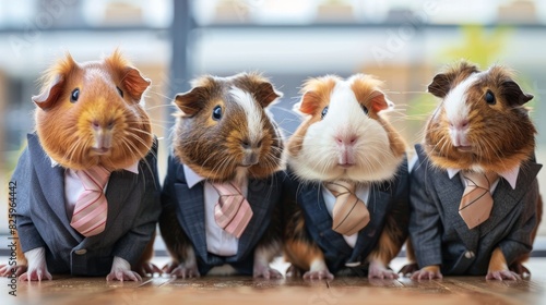Guinea pigs wearing business suits, sitting in a row, job interview setup, corporate office background, serious and focused photo