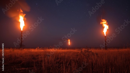 Three gas flares burn brightly in an open field under a star-filled sky. The flares illuminate the surroundings against the backdrop of night.