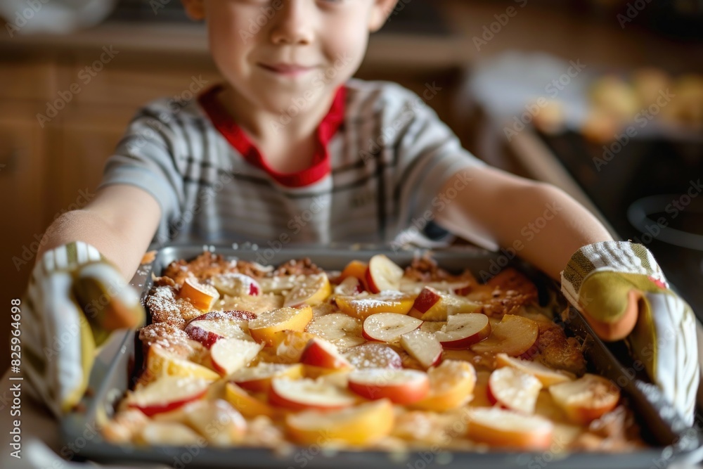 Bake - Boy Holding Fruit Cake on Tray with Oven Gloves. Childhood Sweet Treat Bake - Boy Holding Fruit Cake on Tray with Oven Gloves. Childhood Sweet Treat