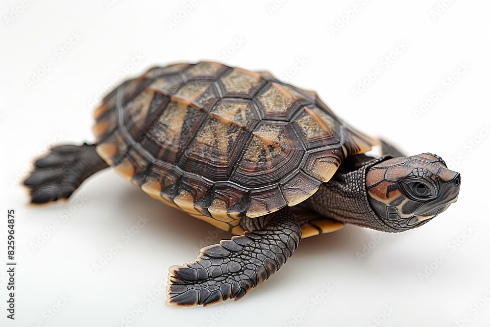 Fototapeta premium tiny turtle making its way to the ocean, cute summer journey, isolated white background, copy space