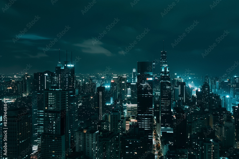 Obraz premium City Skyline at Night: Aerial View of Illuminated Skyscrapers