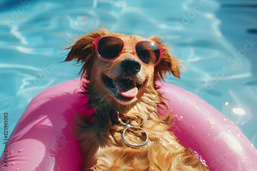 Cute funny dog with swim floating ring at pool for summer vacation.