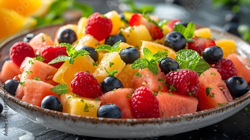 Assortment of Fresh Vibrant Fruits and Berries in a Bowl with Mint Leaves