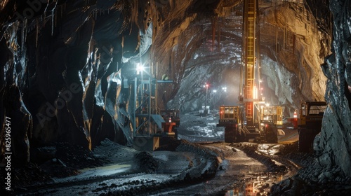Workers operate heavy machinery in an underground mining tunnel at night. Artificial lights illuminate the rocky surroundings while equipment drills into the walls.