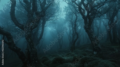 Foreboding forest with twisted trunks  ethereal blue glow seeping through  thick fog  captivating yet eerie
