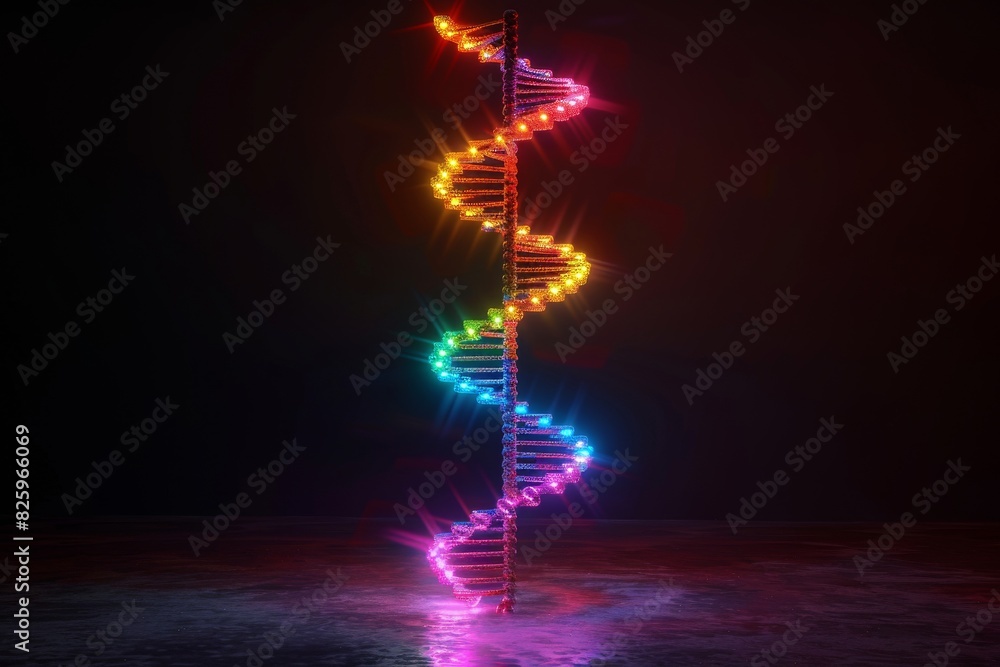Obraz premium Neon lit DNA spiral ascending in vibrant colors, representing the dynamic and diverse nature of genetic coding