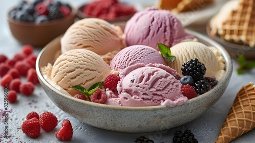 Delectable Assortment of Artisanal Ice Cream Scoops with Fresh Berries and Waffle Cones in a Rustic Bowl Capturing the Essence of a Sumptuous Dessert